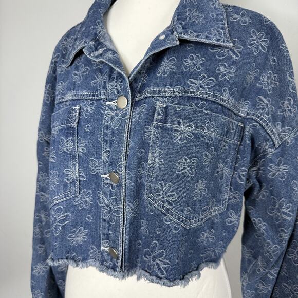 Dolls Kill x Le Lis Floral Embroidered Cropped Denim Jacket Women’s Medium - Picture 1 of 7